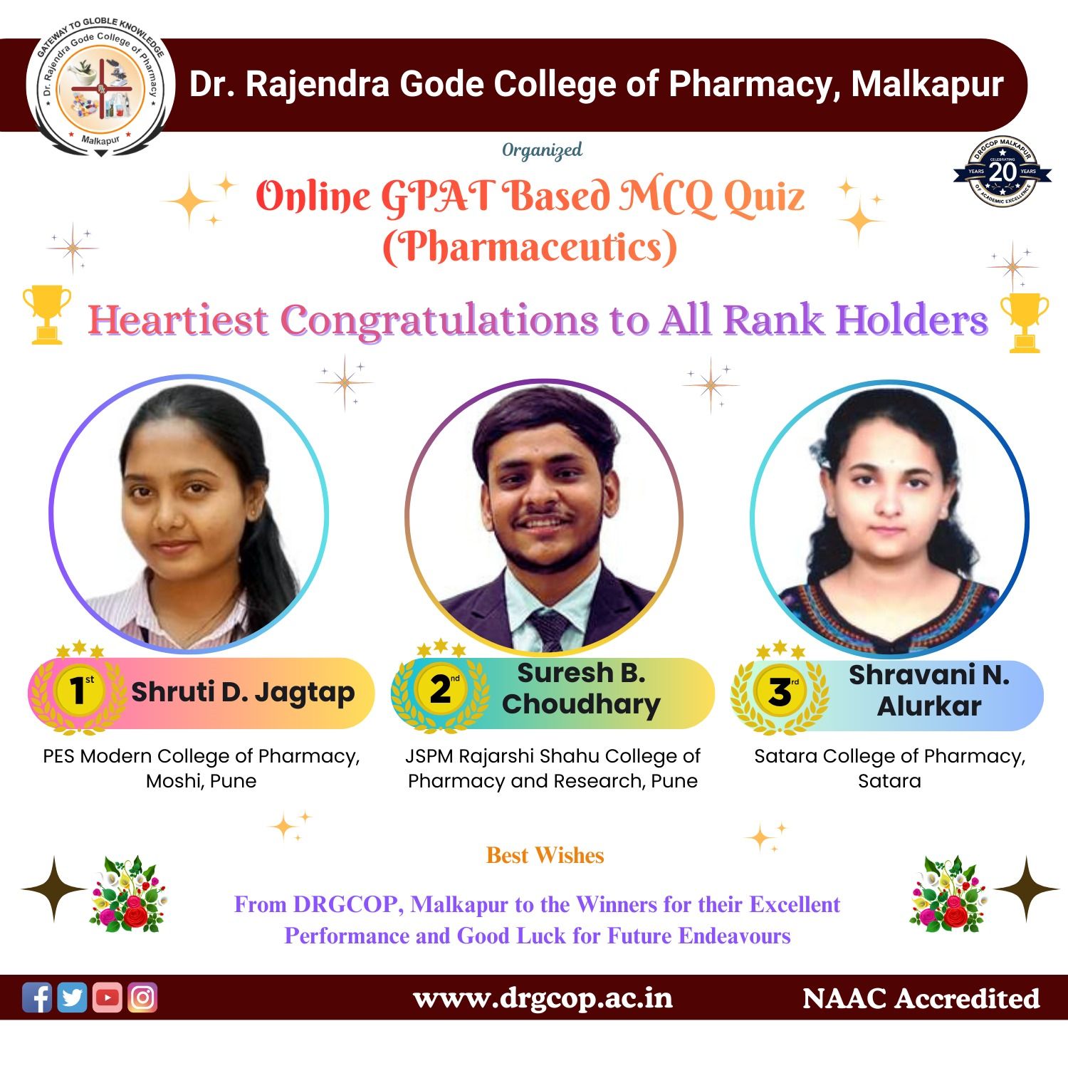 Rank Holders of the GPAT Based Online MCQ Quiz (Pharmaceutics) organized by Dr. Rajendra Gode College of Pharmacy, Malkapur