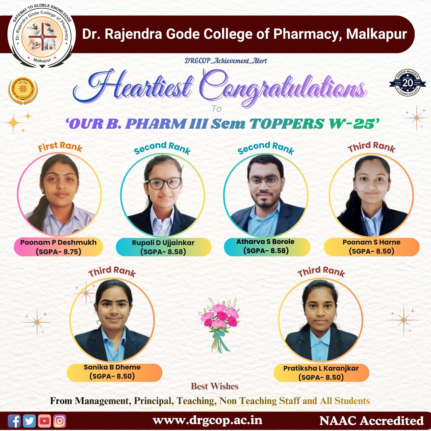 Heartiest Congratulations to our B.Pharm Sem-III Toppers of SGBAU Winter 2025 Examination