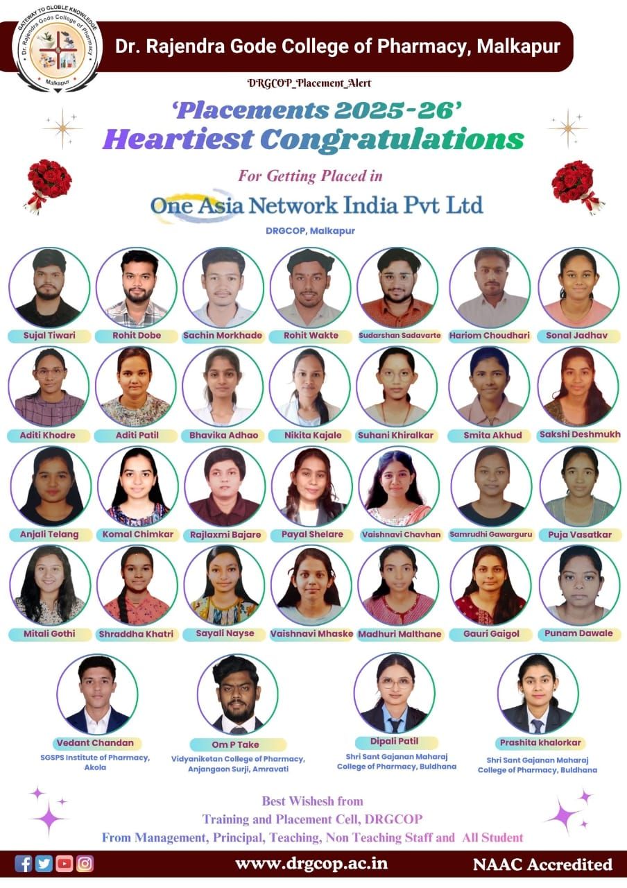 डॉ . राजेंद्र गोडे कॉलेज ऑफ फार्मसी येथे पूल कॅम्पस ड्राइव्हमध्ये 32 विद्यार्थ्यांची यशस्वी निवड*